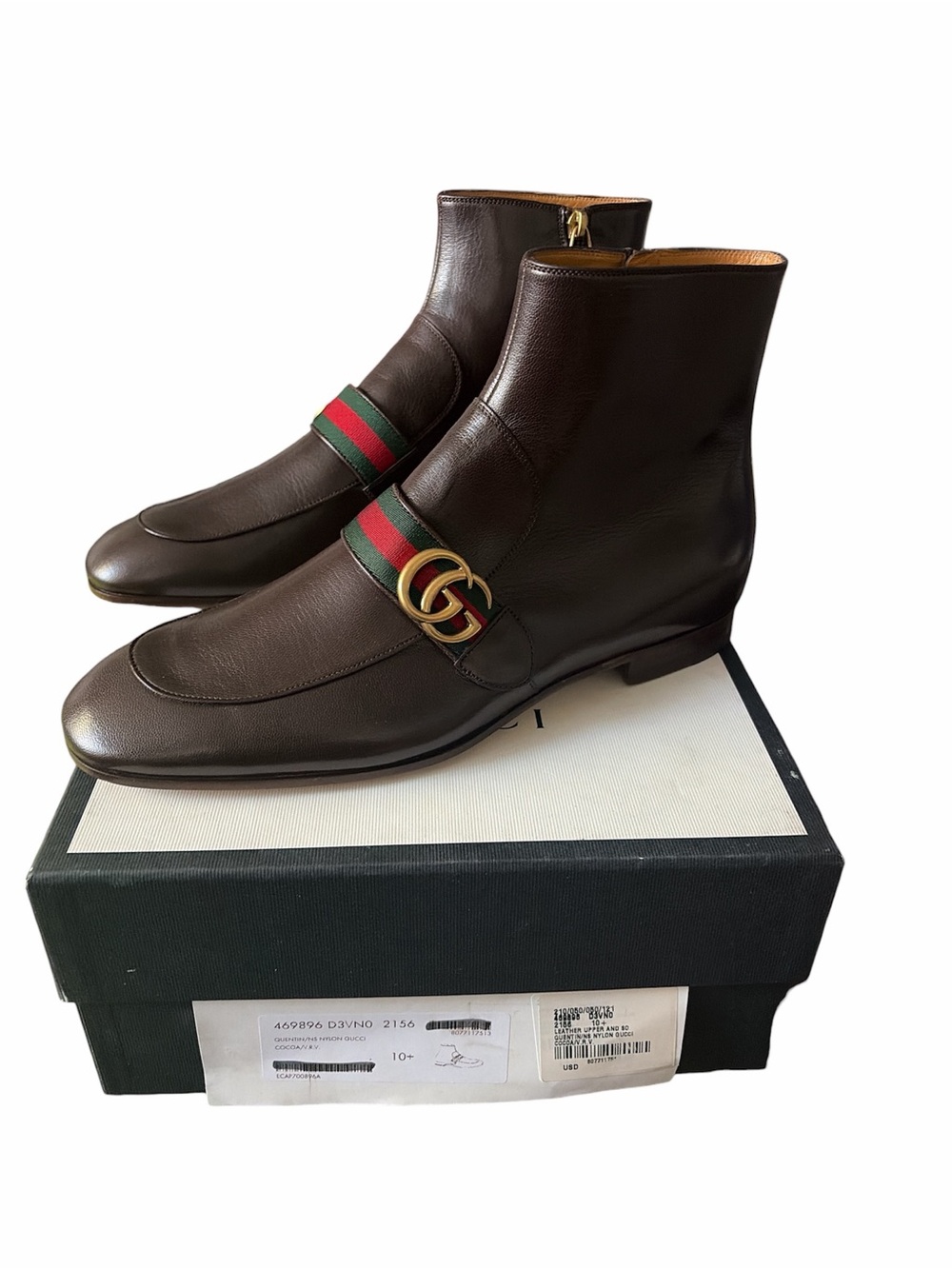 Gucci Brown Leather Ankle Boots with Green-Red Web and Gold GG size 10.5